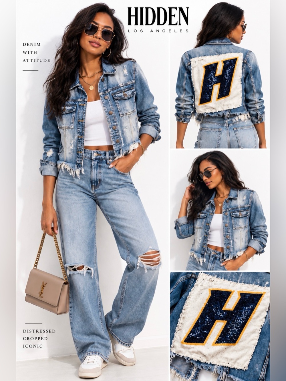 Hidden Jean Sequin Varsity H Distressed Denim Jacket Y2K